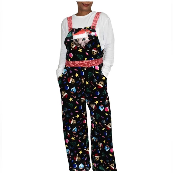 Love on the Hanger Pants - Love On A Hanger Women's Black Christmas Kitty Cat Velour Overalls XL